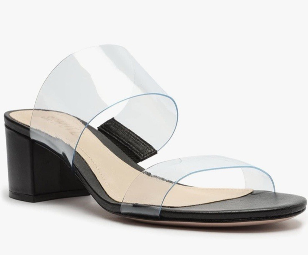 SCHUTZ Clear Strap Block Heel Slide Sandals Black US 6 Leather Mule Y2K NWOT